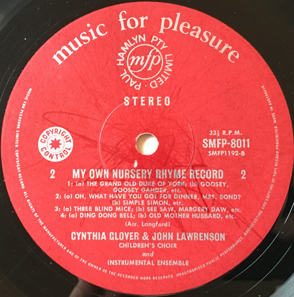 Cynthia Glover / John Lawrenson With The Children's Choir (2) : My Own Nursery Rhyme Record (LP)