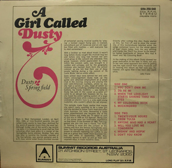 Dusty Springfield : A Girl Called Dusty (LP, Album, RE)