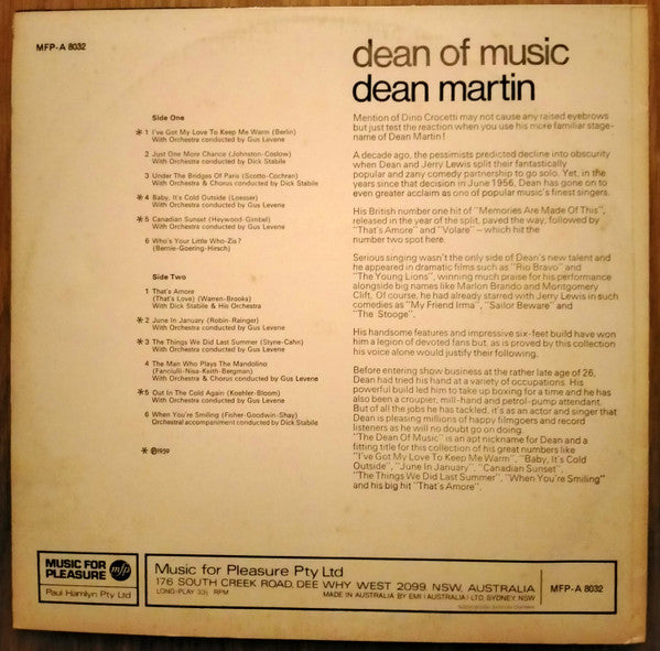 Dean Martin : Dean Of Music (LP, Comp, Mono)