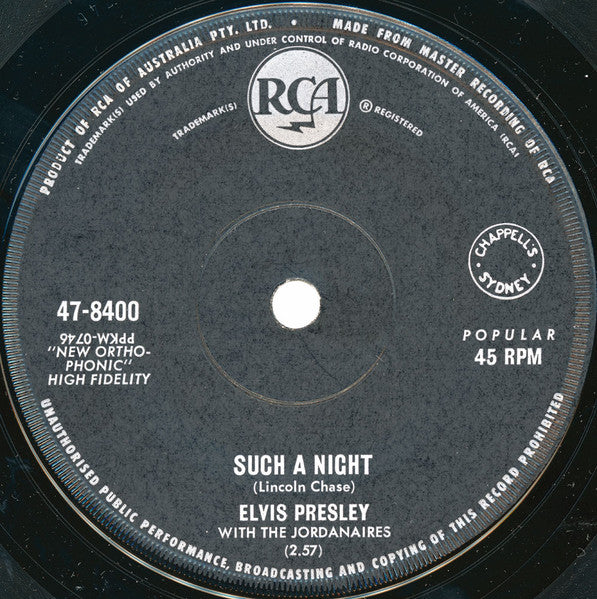 Elvis Presley With The Jordanaires : Such A Night (7", Single)