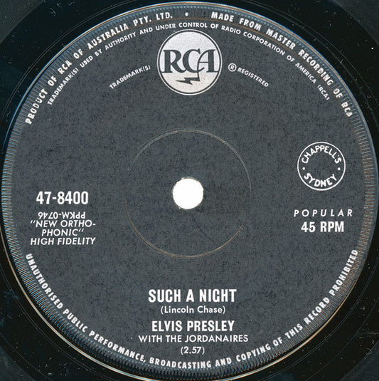 Elvis Presley With The Jordanaires : Such A Night (7", Single)