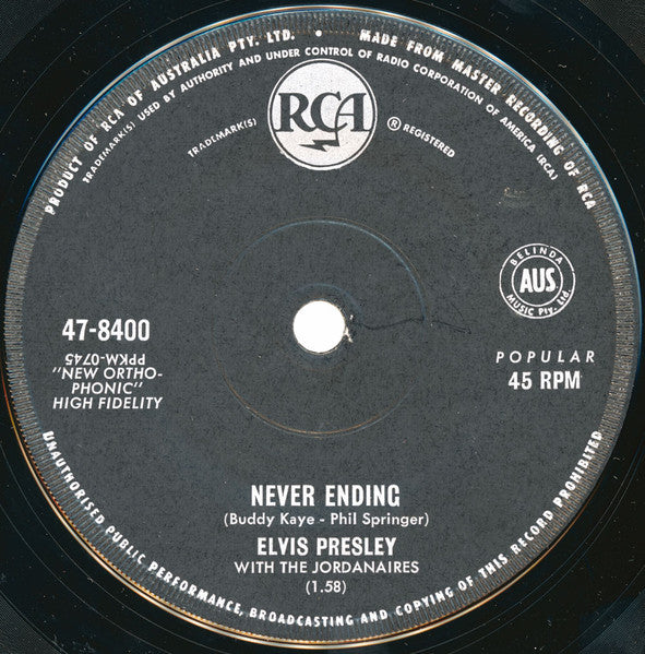 Elvis Presley With The Jordanaires : Such A Night (7", Single)