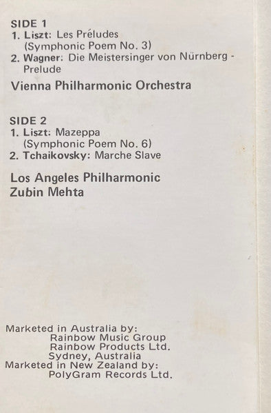 Zubin Mehta, Franz Liszt, Richard Wagner, Wiener Philharmoniker, Pyotr Ilyich Tchaikovsky, Los Angeles Philharmonic Orchestra : Les Preludes - Mazeppa - Die Meistersinger - Prelude - Marche Slave (Cass, Comp, Dol)