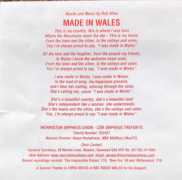 Rob Allen (36) And The Morriston Orpheus Choir : Made In Wales (CD)