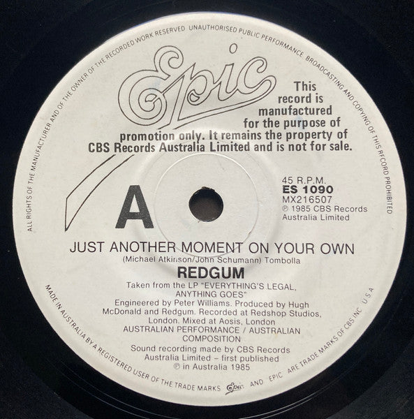 Redgum : Just Another Moment On Your Own (7", Single, Promo)