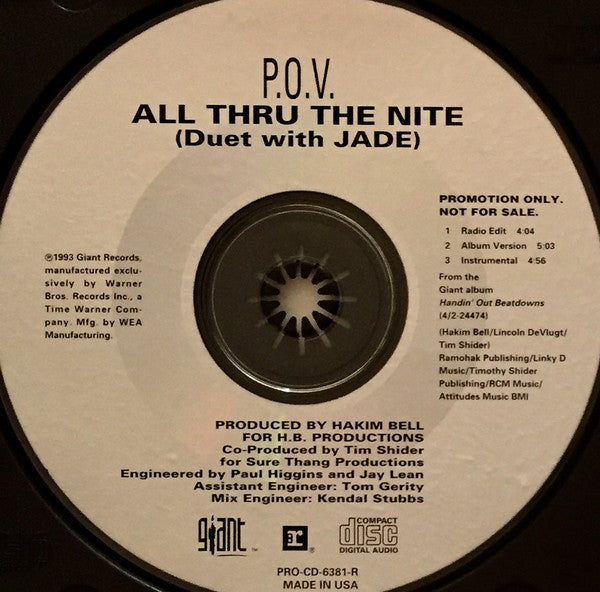 P.O.V. Duet With Jade (3) : All Thru The Nite (CD, Single, Promo)