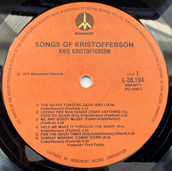 Kris Kristofferson : Songs Of Kristofferson (LP, Comp)