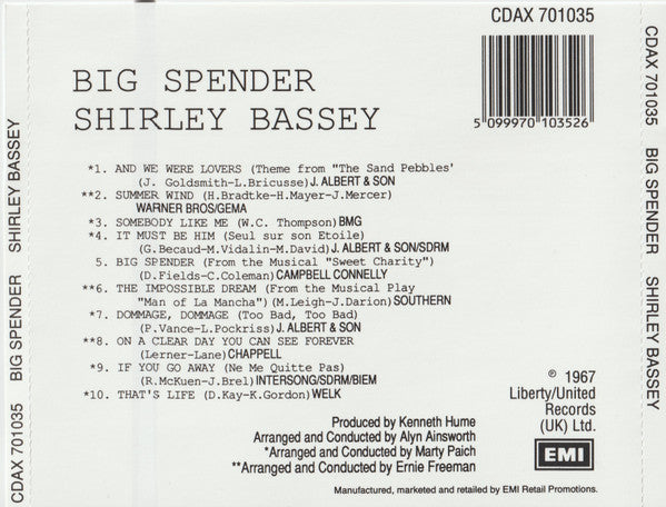 Shirley Bassey : Big Spender (CD, Album, RE)